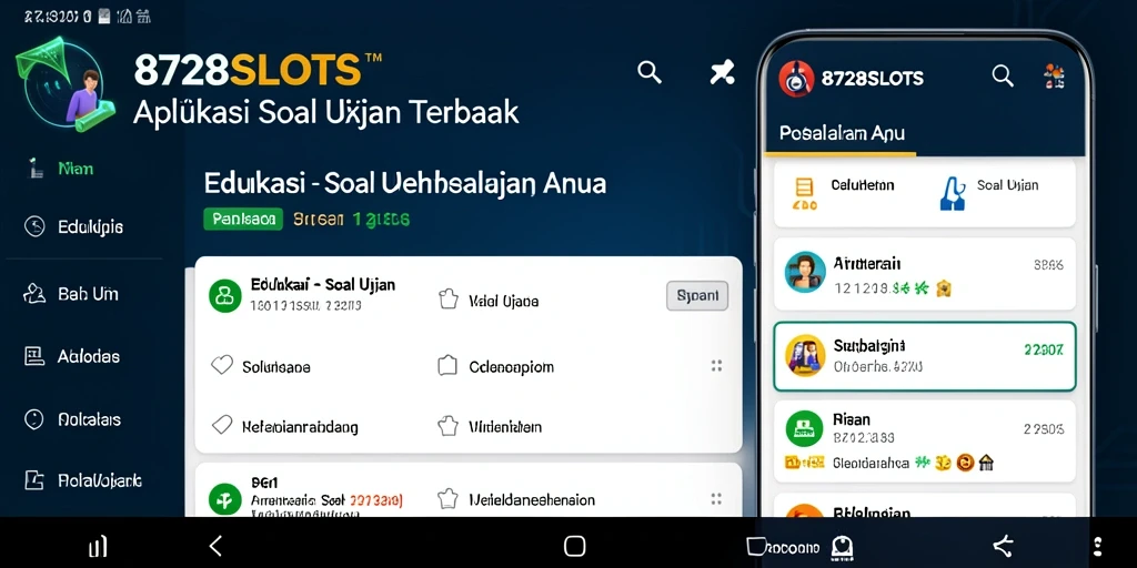 Antarmuka aplikasi 8728SLOTS menampilkan berbagai soal ujian dengan jelas.