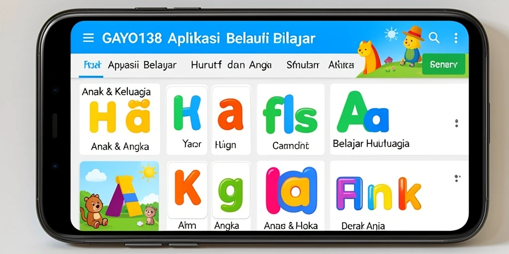 Antarmuka GAYO138 yang menarik dan interaktif untuk belajar huruf dan angka.