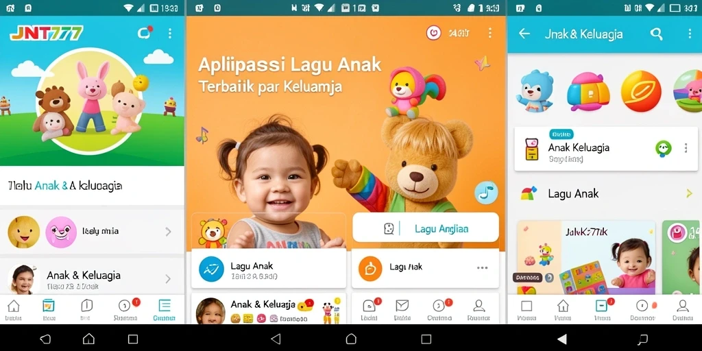 Tampilan antarmuka aplikasi JNT777 dengan berbagai pilihan lagu anak.